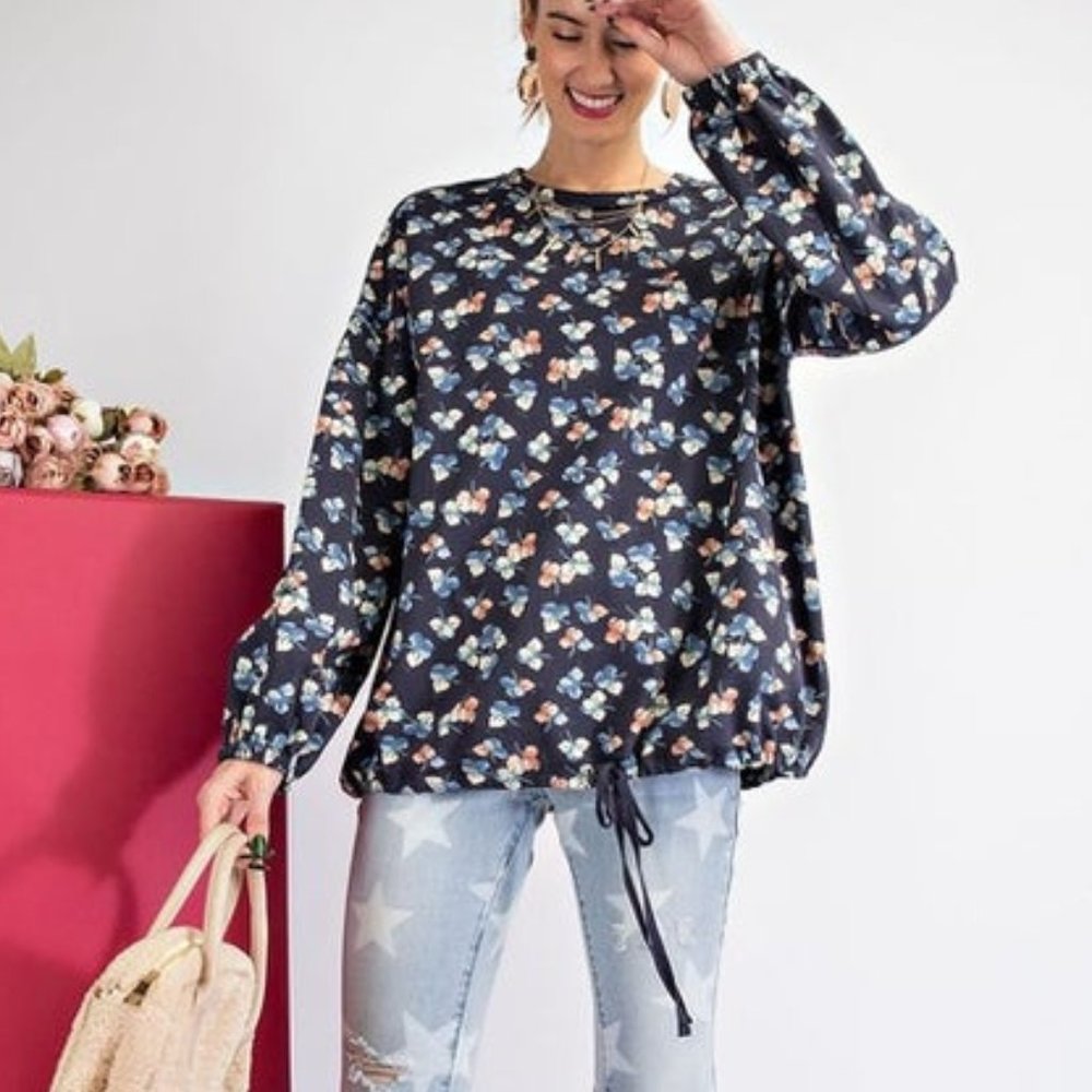 Easel - Navy Top with Floral Print - Picture 2 of 6